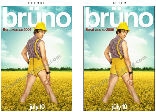 'Bruno' movie poster. Bruno's hotpants have been lengthened to cover his slightly exposed bottom.