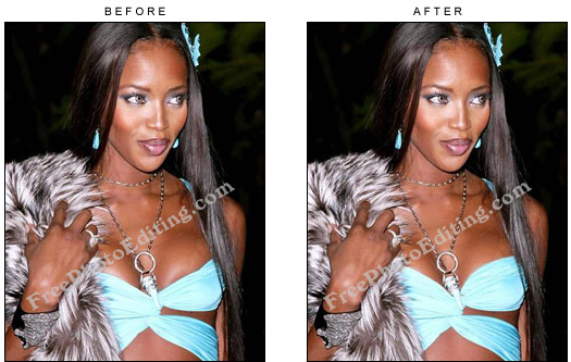 Naomi Campbell's tiny and very tight blue top adjusted to reduce exposure of bust.