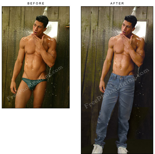 This is a photo editing example of replacing a male model's dangerously small swimming trunks with a pair of jeans. Note that the original photo is only upto the knees. Accordingly the background has been reconstructed to accommodate a full length view of the model in jeans and sports shoes.