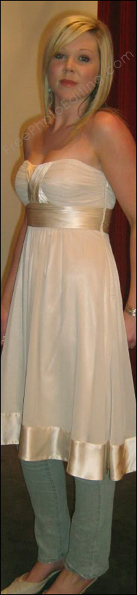 This is a photo editing example of removing bra straps showing outside of strapless dress.