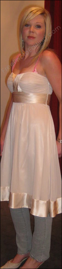 Photo editing request: Bra straps showing out of strapless bridesmaid dress. Please remove.