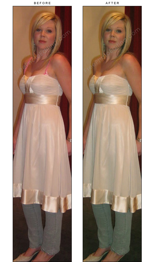 This is a photo editing example of removing bra straps showing outside of strapless dress.