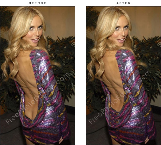 This is a photo retouching example of covering up bum cleavage exposure. The original photo can be seen on left.