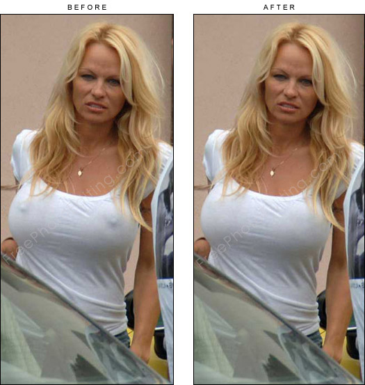 Pamela Anderson's protruding nipple problem has been solved with photo retouching. See original photo on left.