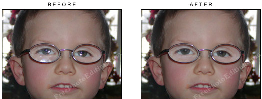 Eyeglass glare in little boy's spectacles fixed with photo editing