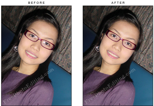 Eyeglass glare in woman's spectacles fixed with photo editing