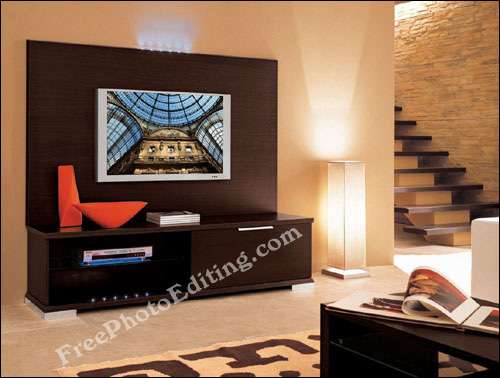 Photo editing used to add visual on LCD screen seen in this living room photo.