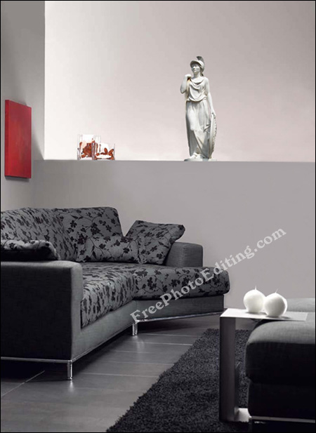 Removed from photo: Image of woman and 3 steel vases. Added to photo: Miniature statue of Athena.