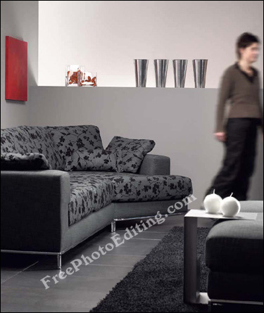 Section of modern living room, done mostly in grey