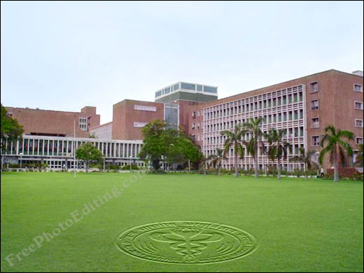 Photo editing used to enhance photograph of All India Institute of Medical Sciences (AIIMS) building and surrounding landscape. AIIMS logo has been added in the foreground as a grass sculpture