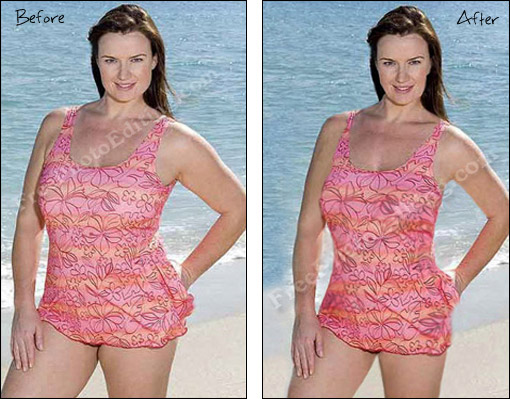 Look thinner: Photo editing used to make big-built, heavy set woman in swimsuit look thin.