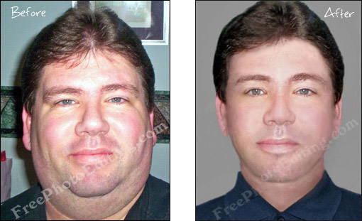 Photo editing to look thinner. The man seen in this photo was overweight in the original picture (see pic on left). He has been slimmed down using advanced photo editing techniques.