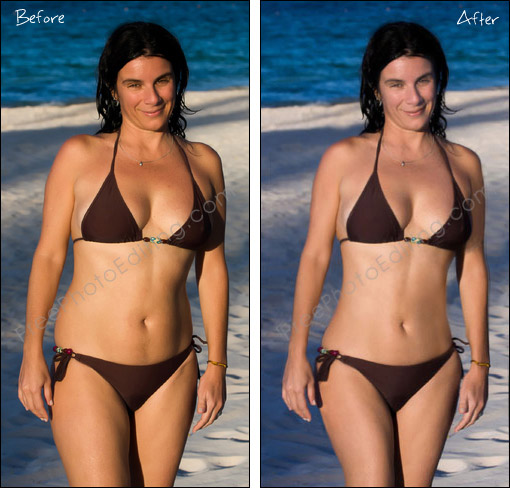 This is a photo editing example in which the subject's womanly curves have been restored and she is made to look thinner. The waist has been pinched in and the thighs reduced, and cellulite touched up. Pubic hair below the navel have been removed. Sunburn has been corrected. The original, unedited photo can be seen on left.