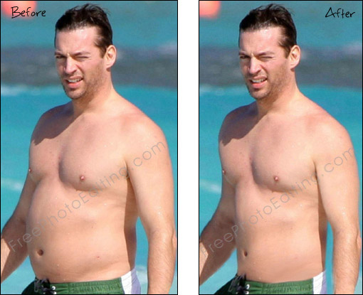 This is a photo editing example in which a male paunch has been reduced digitally. You can call it a virtual liposuction procedure.