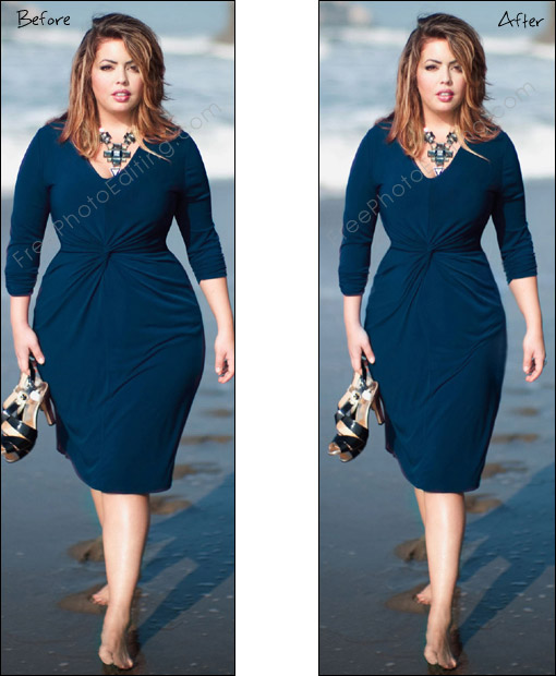 This a photo editing example of a plus-size model who has been made thin. The following was done: Facial chubbiness reduced; fat reduction on shoulders, arms, waist, thighs, calves and legs