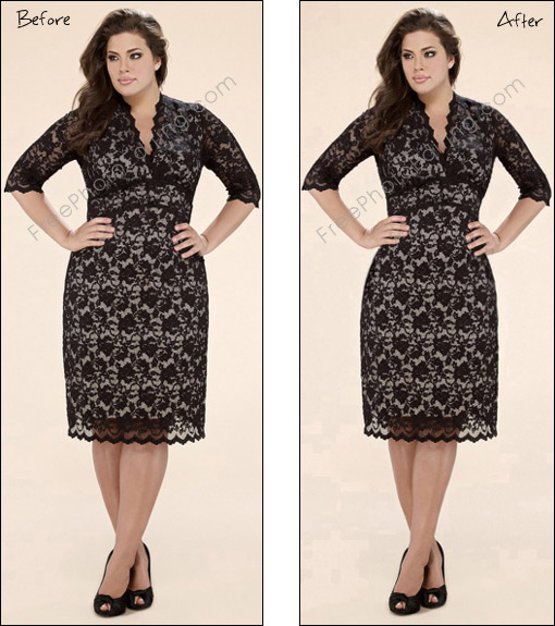 This is a photo retouching example in which digital editing has been used to make plus size woman lose about 15lbs extra weight. Extra fat has been removed from: waist, hips, shoulders, arms, calves and face.