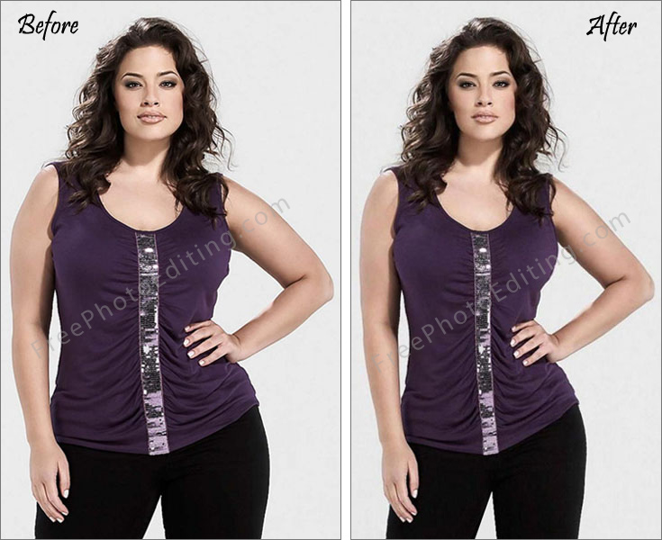 This is a photo editing example in which a plus size woman has lost 30lbs without the use of drugs or surgery