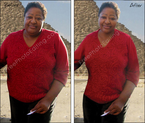 This is a photo retouching example in which a mature black woman has gone through virtual weight loss. She has also ended up looking younger, and more cheeful. What she looked like before can be seen on left.