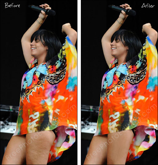This is a photo retouching example in which cellulite on thighs and legs has been removed. Thighs have also been slimming down. The original photo can be seen on left.