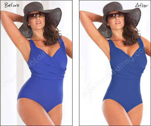 This is a reotuching example of weight loss. The thin model seen in this photograph was previously a plus size woman. Her photo prior to weight reduction / fat reduction can be seen on left.