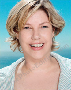 Photo editing used to slim down woman's large and heavy looking face. Double chin and thickish neck also corrected with photo editing.