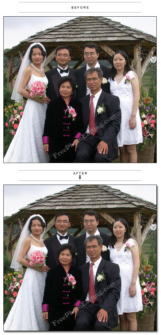 Edited wedding photograph in which the short bridegroom now looks taller than the bride.