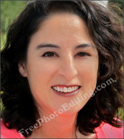 Woman looks younger with photo retouching. Rash on face has been removed. Squinchy eyes have been fixed. Lipstick colour has been changed.