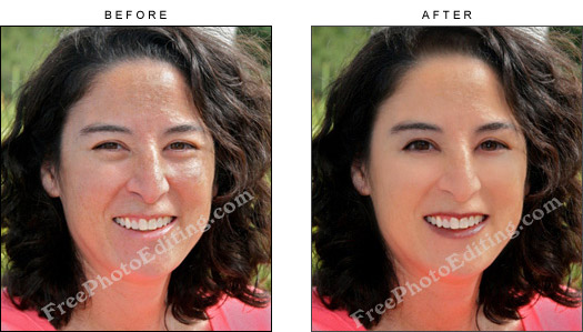 Woman looks younger with photo retouching. Rash on face has been removed. Squinchy eyes have been fixed. Lipstick colour has been changed.