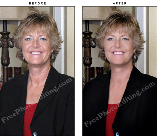 This photograph has been edited to make a woman in her fifties look younger. Wrinkle removal and improved skin elasticity carried out.