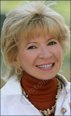This is a photo editing example in which a woman in her fifties has been made to look younger. Wrinkles, age lines camouflaged. Mature women can look younger with photo retouching.