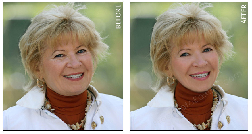 Look younger with photo retouching -- remove age lines, wrinkles, double chin. Tighten skin, smoothen skin.