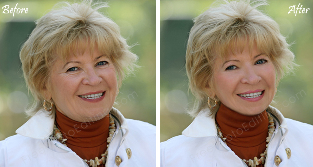 Look younger with photo retouching -- remove age lines, wrinkles, double chin. Tighten skin, smoothen skin.