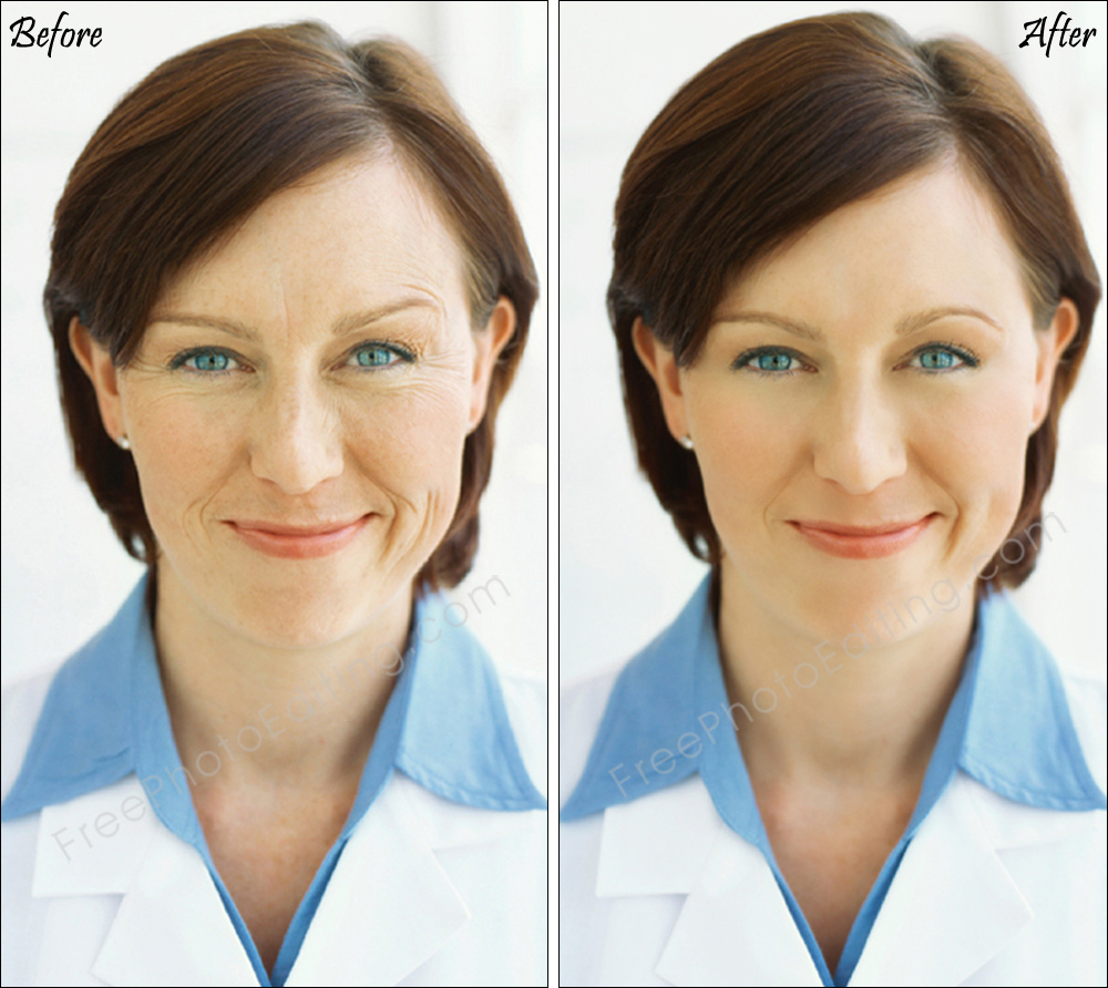 Photo retouching sample in which the subject has been given a beauty makeover. She now looks 10 years younger.