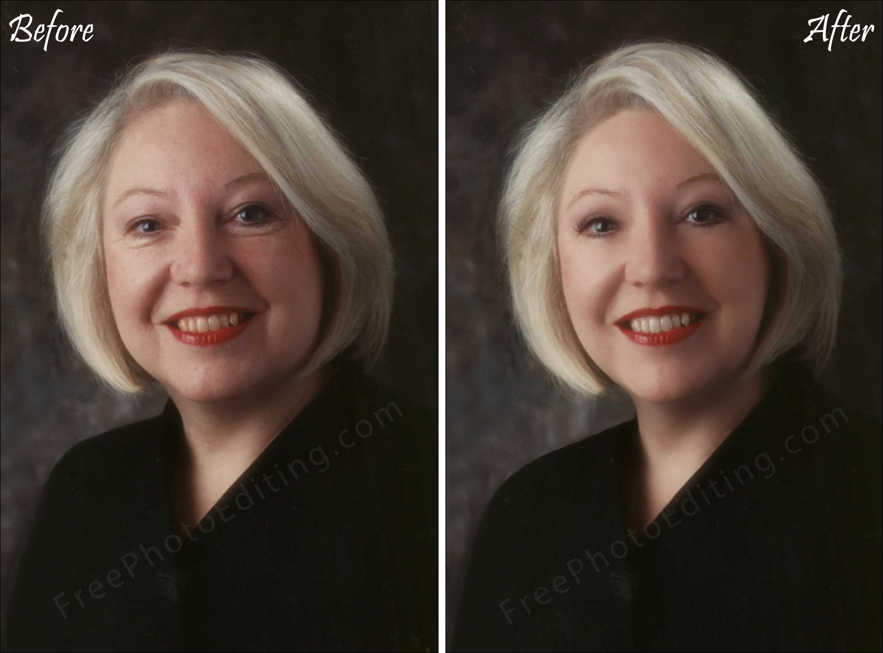 This is a retouched photo in which the woman has been made to look considerably young with virtual skin treatment and digital Botox.