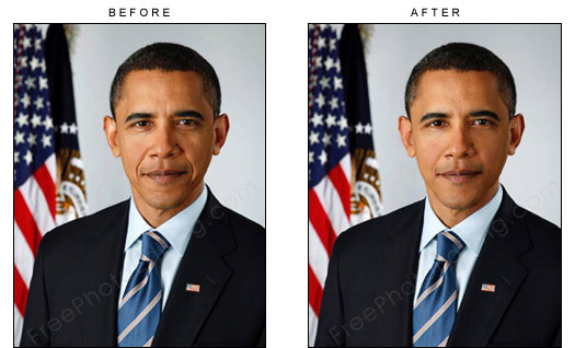 Photo retouching before & after example. Obama's nasolabial folds corrected by photo editing artists.