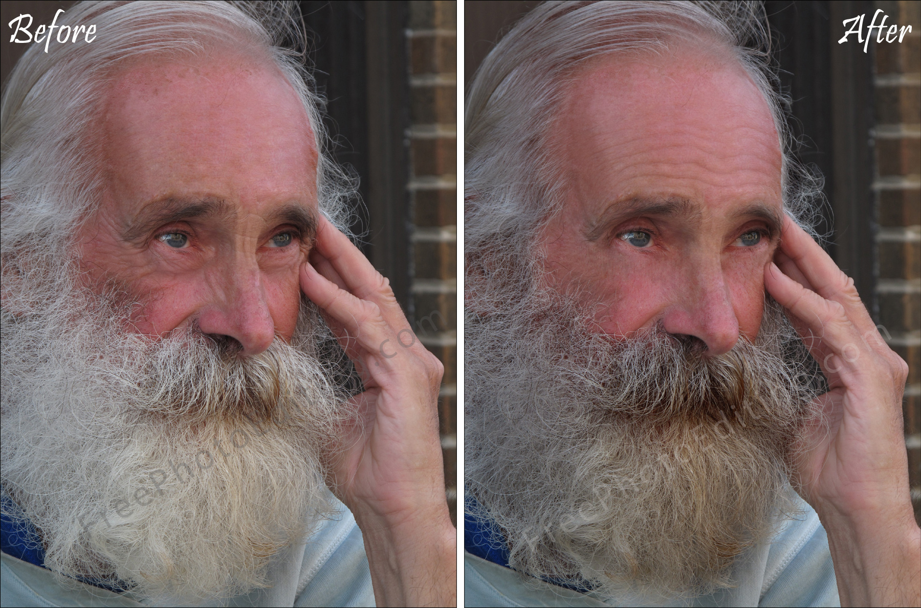Before & after photo retouching sample of age reduction by 20 years (85-year-old man now looks about 60 to 65 years old).