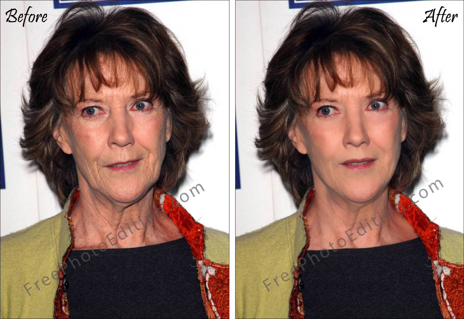 Photo editing before and after example of age reduction and blemish removal.