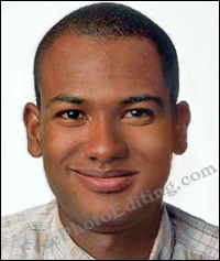 This photo has been edited to correct uneven lighting on man's face. It is a must for official ID photos to have the face clearly visible.