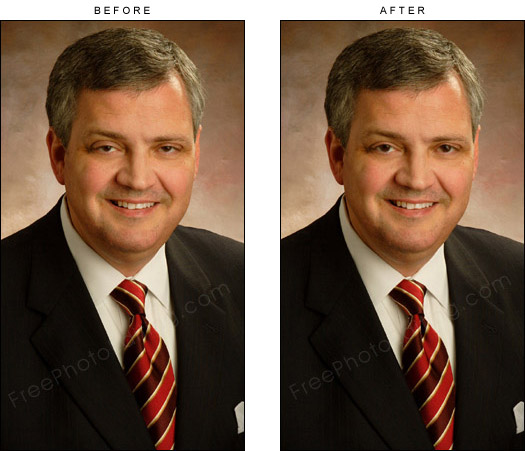This formal photo has been retouched to open the man's sleepy eyes. The original photo can be seen on left.