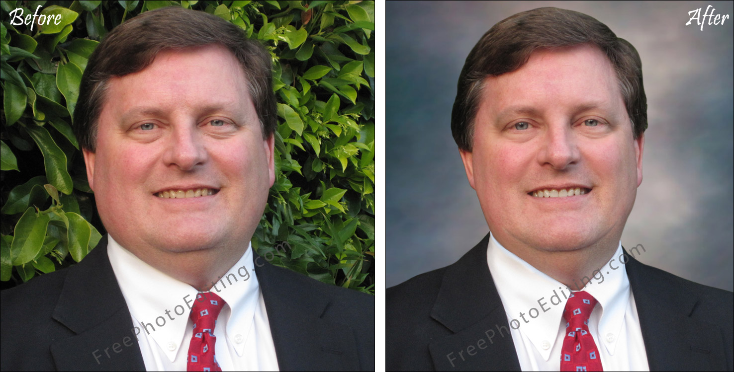 Before and after - portrait face retouching and photo background change.