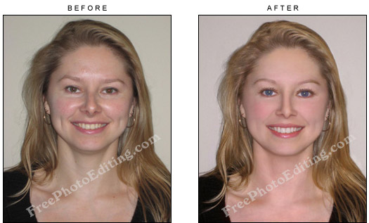 An ordinary looking woman's face has been transformed to look like a model with the help of photo retouching and enhancement.