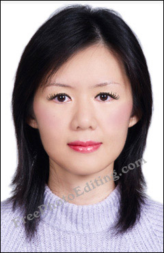 Makeover carried out on Asian woman's photograph. Make-up added to face; complexion cleared up, retouching done on eyebrows, lipstick, rouge and eyelashes.
