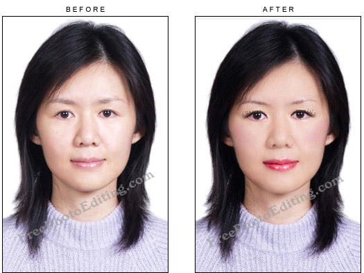 Makeover carried out on Asian woman's photograph. Make-up added to face; complexion cleared up, retouching done on eyebrows, lipstick, rouge and eyelashes.