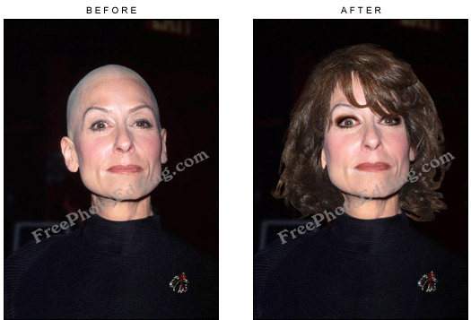 Judith Light was completely bald in the original photo. She has been given a elaborate hairstyle, with photo editing, in this photograph.