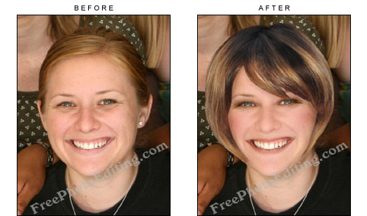 Woman in black t-shirt given a makeover with new hairstyle, complexion correction and make-up