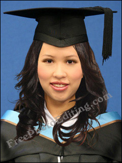 Asian woman in graduation photo glamorized with digital makeover. Hair and make-up added. Skin correction carried out. Under-eye puffiness removed.