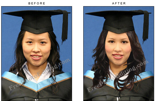 Asian woman in graduation photo glamorized with digital makeover. Hair and make-up added. Skin correction carried out. Under-eye puffiness removed.