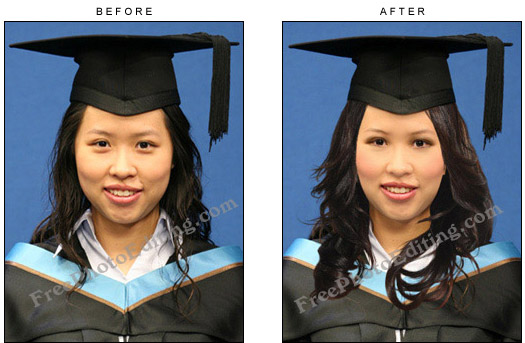 Asian woman in graduation photo glamorized with digital makeover. Hair and make-up added. Skin correction carried out. Under-eye puffiness removed.