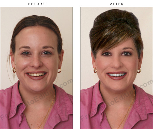This is a retouched photo of a woman who has been digitally glamourised. The original no-make, frumpy photo can be seen on left.