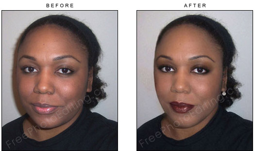 This is a photo retouching example in which a plain-looking black woman has been glamourised with beauty makeover. See original, no make-up photo on left.